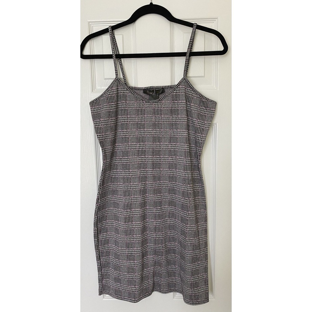 Y2K Plaid Cami‎ Dress Double Spaghetti Strap Pink Black Houndstooth Bodycon. M